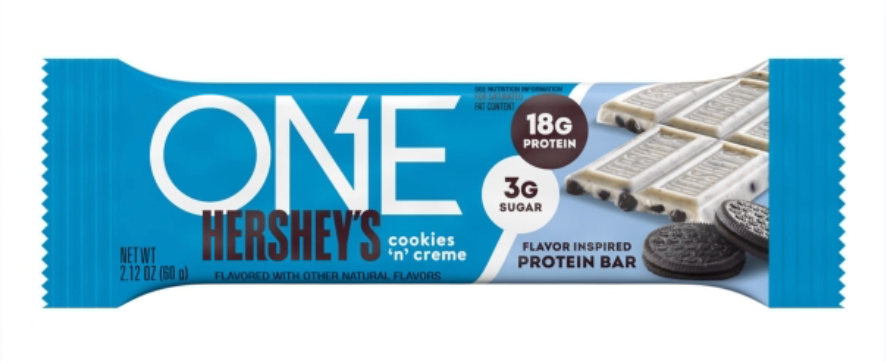 One Hershey's Cookies & Cream Protein Bar